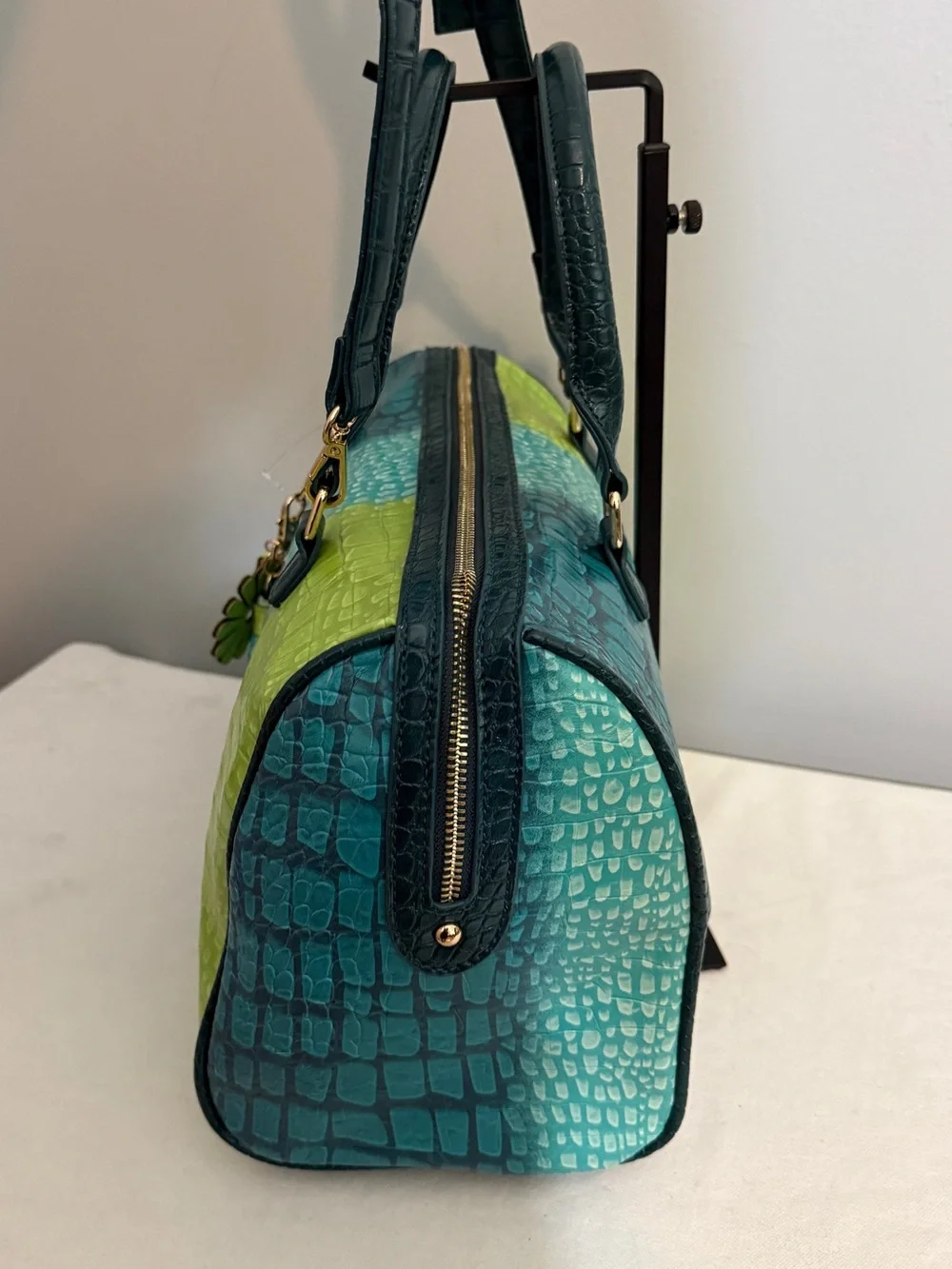 Teal Lime Ombre Croc Embossed Satchel Crossbody Bag Faux Leather